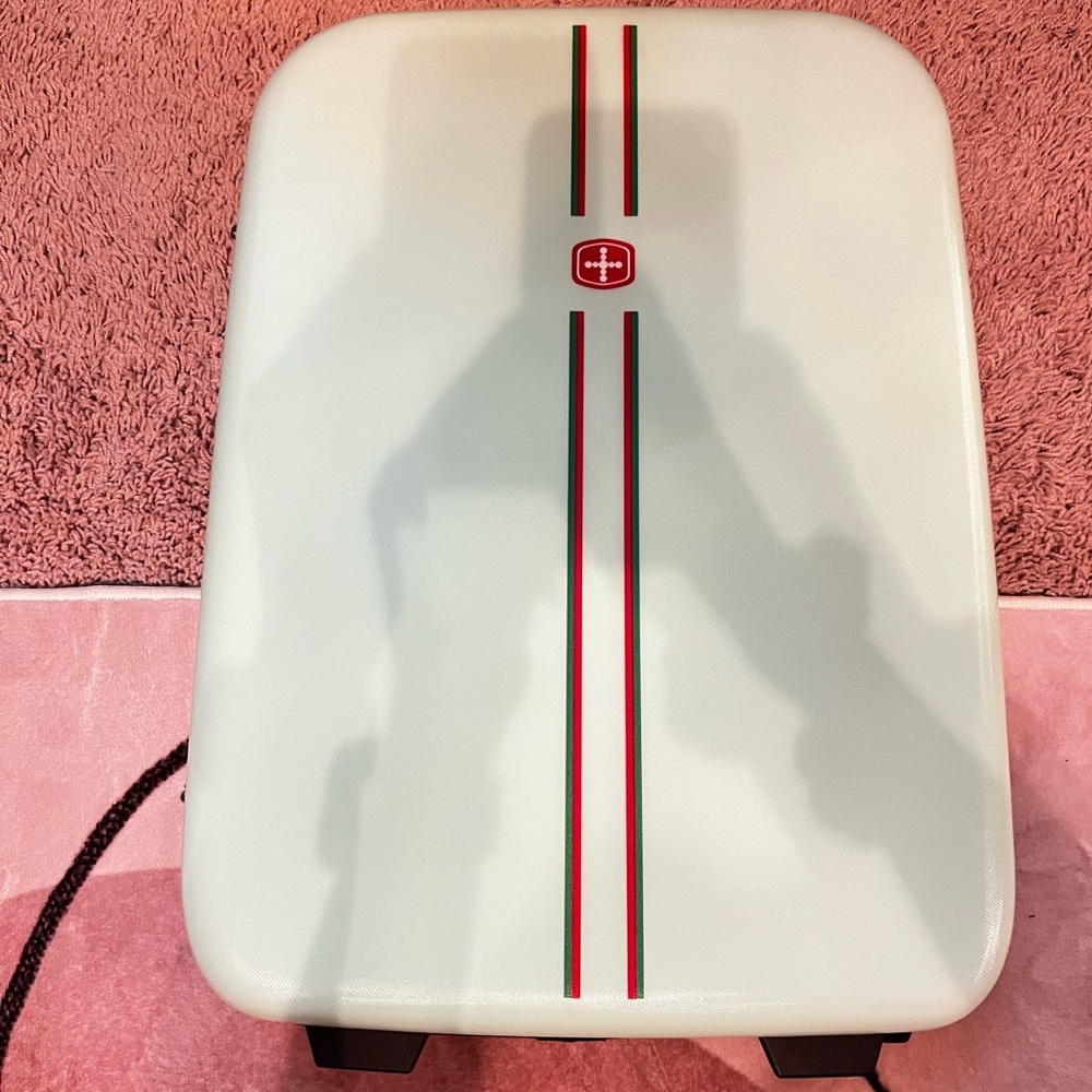 White Luggage Case with Red & Green Racing Stripe